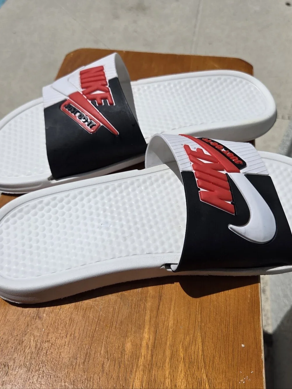 Nike Benassi JDI White and Black Slides with Red Logo Accent